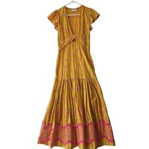 Dixie Yellow Pink Embroidered Maxi Dress Made it Italy Size Small Boho Cottage